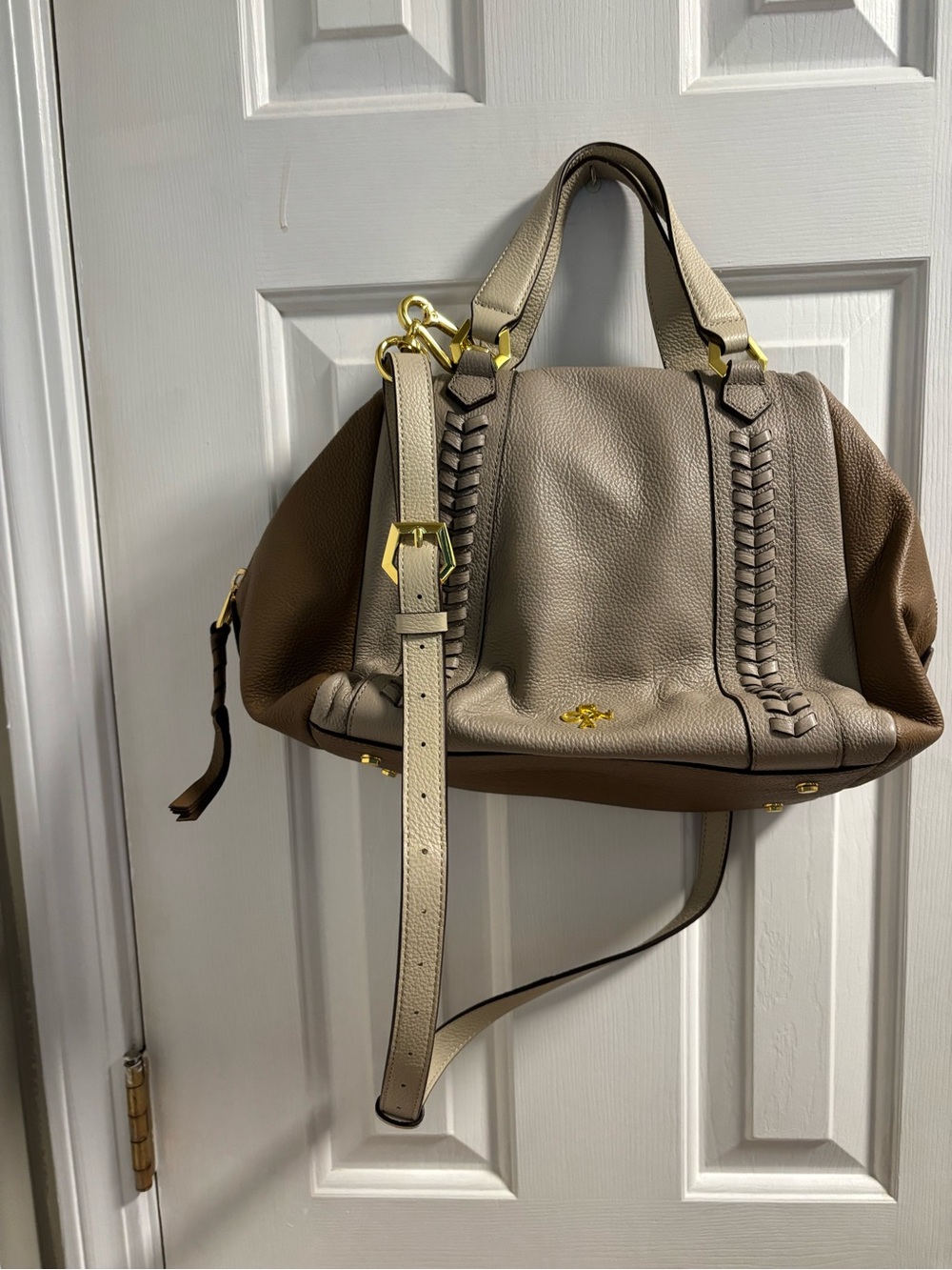 Oryany Tri-Color Pebbled Leather Satchel Crossbody Bag Taupe Tan Cream EUC - Picture 3 of 9